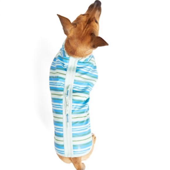 YOULY Teal Blue Reversible Stripe Pet Jacket Rain Coat Minky Fleece Small NEW - Picture 3 of 9